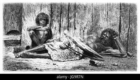 Old engraved portrait of Australian aboriginals resting. Created by Riou and Gusmand after photo of unknown author, published on Le Tour du Monde, Par Stock Photo