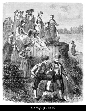 Old illustration of Baden peasants in traditional costumes. Created by Lancelot, published on Le Tour du Monde, Paris, 1861 Stock Photo