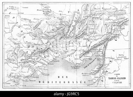 Old map of Cilicia and Taurus mountains region, Turkey. Created by Vullemin, Erhard and Bonaparte, published on Le Tour du Monde, Paris, 1861 Stock Photo