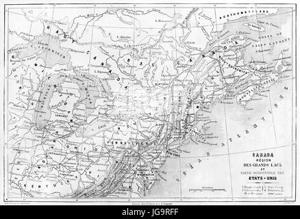 Old map of Great Lakes region, North America. Created by Erhard and Bonaparte, published on Le Tour du Monde, Paris, 1861 Stock Photo