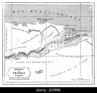 black and white squared Tripoli province old map. Ancient grey tone etching style art by Erhard and Bonaparte, published on Le Tour du Monde, 1861