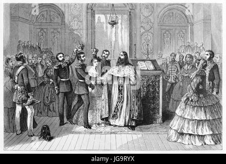 aristocratic russian wedding indoor in a chapel. Bride and groom are receiving a crown on their heads. Grey tone etching style art by Blanchar 1861 Stock Photo