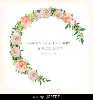 Floral Rose circle round Wreath with Eucalyptus green Succulent Cactus, herb mix beautiful lovely spring summer bouquet elegant . Watercolor Flower ro Stock Vector