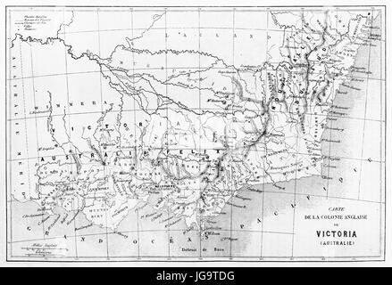 black and white old topographic map of Victoria colony, Australia. Ancient grey tone etching style art by Erhard and Bonaparte, published on 1861 Stock Photo