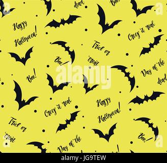 Vector Seamless pattern of bat on yellow. Black silhouette Halloween holiday backdrop inscriptions doodle creep it real boo happy texture, wrapping pa Stock Vector