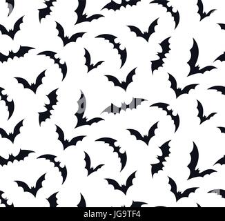 Vector Seamless pattern swarm of bats on white background. Beautiful silhouette Halloween holiday black and white monochrome tile texture for wrapping Stock Vector
