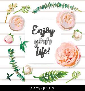 Vector floral summer seamless pattern: Pink garden rose flowers green fern eucalyptus plants greenery on wooden table background with card inscription Stock Vector