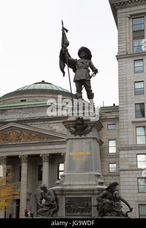 Monument to the memory of Paul de Chomedey in Montreal, Canada. De Chomedy lived from 1612 to 1676 and was the founder of Montreal. Stock Photo