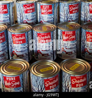 Canned maple syrup on sale at the Jean-Talon Market in the Little Italy district of Montreal, Canada. The public market opened in 1933 as the Marché d Stock Photo