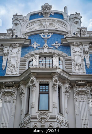 RIGA, LATVIA - CIRCA MAY 2014: Architectural detail of typical Art Nouveau building in  Riga Stock Photo