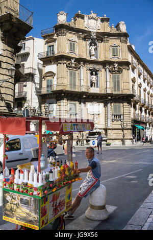 A Grattatella, vendor, selling traditional flavoured iced drinks called granita, on The Quattro Cante crossroads on Corso Vittorio Emanuele,  central  Stock Photo