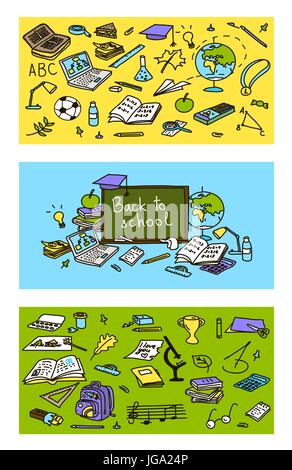 Back to school set of cards with educational objects. Colored sketch. 3 labels in 1. poster, invitation, greeting, business card. For decoration, pack Stock Vector