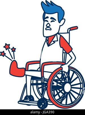 A Man in a wheelchair with broken bone. A Contemporary style. Vector flat design illustration isolated white background. Vertical layout. Stock Vector
