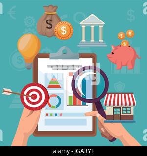 color background analytics investment with hand holding a table sheet statistics and icons economy Stock Vector