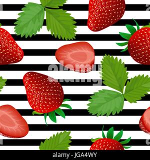 Strawberry seamless pattern vector. Bunch of Ripe Strawberries and leaves on a striped black and white background. Summer print. For textile, decorati Stock Vector