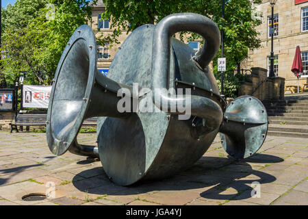 The Urn, also known as the Tilted Vase, a sculpture by Edward Allington (1998), Market Square, Ramsbottom, Greater Manchester, UK. Stock Photo