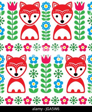 Scandinavian seamless pattern, Nordic background with foxes and flowers, folk art design Stock Vector