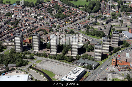 aerial view of the Seven Sisters Tower Blocks in Rochdale Town Centre, Lancashire, UK Stock Photo