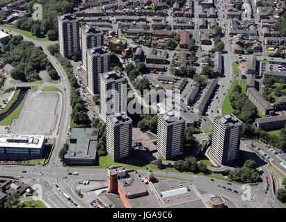 aerial view of the Seven Sisters Tower Blocks in Rochdale Town Centre, Lancashire, UK Stock Photo