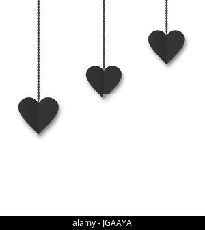 Hearts of black paper hanging on strings on white background. Valentine s Day card - Stock Photo