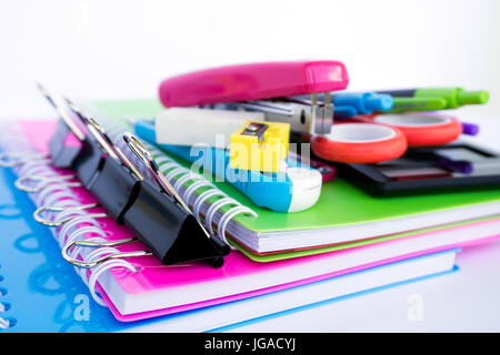 Selective focus, close up of office supplies on white background Stock Photo