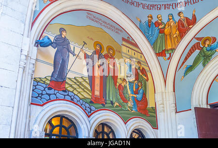 TBILISI, GEORGIA - JUNE 2, 2016: Interior of Georgian Orthodox Kashveti Church of St George with painted walls and the dome, on June 2 in Tbilisi. Stock Photo