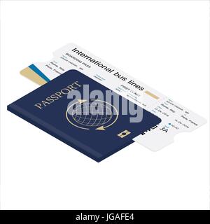 Isometric 3d passport and boarding pass vector illustration. Bus ticket. Identification document Stock Vector