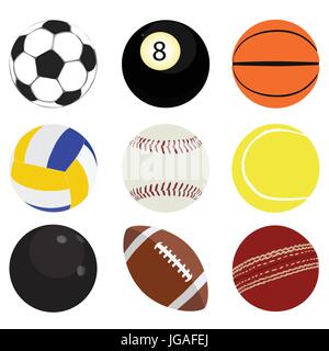 Vector illustration set of sport balls. Soccer, billiard, basketball, volleyball, tennis, cricket, bowling and baseball ball icon. Stock Vector