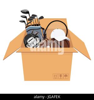 Vector illustration isometric perspective 3d cardboard box with sport equipment Stock Vector