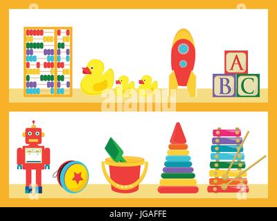 Vector illustration baby kids toys on wood shop shelves. Different children toys set, collection Stock Vector