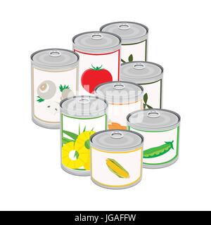Vector illustration canned food set, collection. Tomato soup, chicken soup, sweet peas, golden corn, green and black olives, mushrooms, pineapple. Met Stock Vector