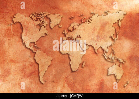 Grunge copper 3D World map Stock Photo