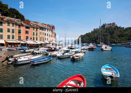 PORTOFINO, ITALY - June 10: Portofino typical beautiful village with colorful houses and small harbor on June 10, 2017 in Portofino, Italy. Stock Photo