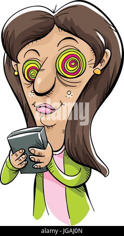 A cartoon woman with eyes that have been hypnotized by her mobile smartphone device that she is holding. Stock Vector
