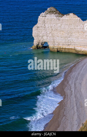 High angle view of the arch of the Aval cliff, and the Jambourg beach ...