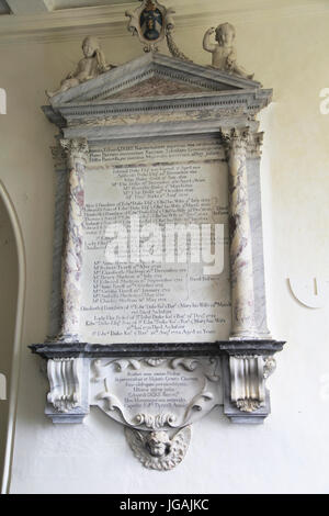 Genealogical family monument memorial in St Mary parish church, Benhall, Suffolk, England, UK Stock Photo