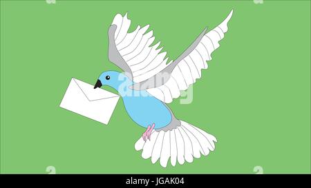 Young pigeon with a letter in its beak on the green background. Stock Vector