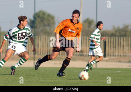 Wolverhampton Wanderers footballer Ludo Pollet with Cristiano Ronaldo (left) aged 17 playing for Sporting CP against Wolves 18th July 2002 Stock Photo