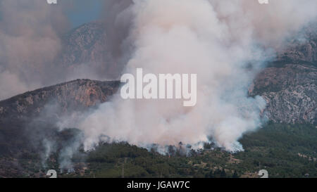 Wild forest fire burning below mountain Biokovo in Croatia on hot summer day Stock Photo