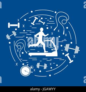 Vector illustration of the man jogging on a treadmill and different kinds of sports equipment arranged in a circle. Including icons of skipping rope,  Stock Vector