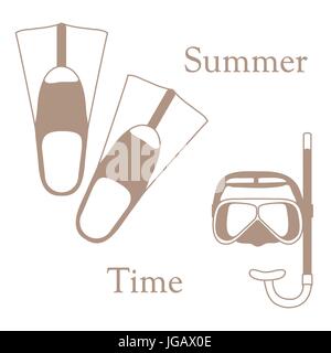 Stylized icon of a colored mask, tube and flippers for a scuba diving. Sports and recreation theme. Design for banner, poster or print. Stock Vector