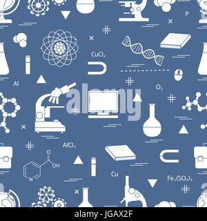 Seamless pattern with variety scientific, education elements: globe, microscope,magnet, flask, molecule and other. Design for banner, flyer, poster or Stock Vector