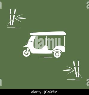 Stylized icon of tuk-tuk and bamboo. Traditional taxi in Thailand, India. Design for banner, poster or print. Stock Vector