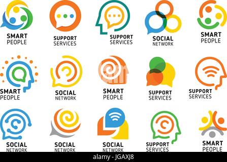 Social network for smart people with creative brain. Support services icon set. Colorful vector logo collection. Stock Vector