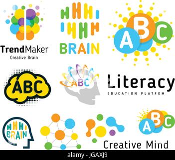 Creative brain. Genius school. Human development. Skill up. Linear vector logo set. Stock Vector