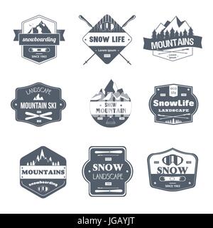 Winter Sport - vector set of vintage template logo insignias. Old fashion style emblems, badges of snowboarding, mountain skiing, snow life landscape. Stock Vector