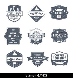Coffee House - vector set of vintage template logo insignias. Old fashion style emblems, badges of coffee shop, donuts, cappuccino. Apparel, leaflet,  Stock Vector