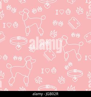 Seamless pattern with poodle silhouette, comb, collar, dog tracks and hearts. Design for banner, poster or print. Stock Vector