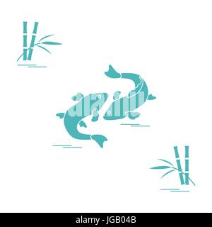 Stylized icon of two carp koi  and bamboo. Travel and leisure. Design for banner, poster or print. Stock Vector