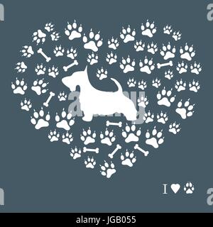 Nice picture of scotch terrier silhouette on a background of dog tracks and bones in the form of heart on a colored background. Stock Vector